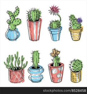 Cactus icon in outline style isolated on white background vector illustration.. Set of cactus in flowerpots. Outline hand drawn sketch isolated on white