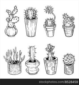 Cactus icon in outline style isolated on white background vector illustration.. Set of cactus in flowerpots. Outline hand drawn sketch isolated on white