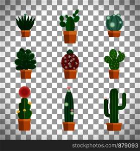 Cactus icons in flat style. Tropical flowers vector illustration isolated on transparent background. Cactus icons in flat style