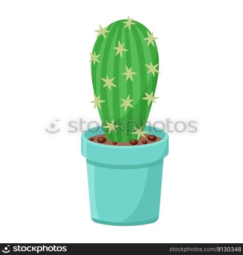 Cactus in flower pot isolated vector illustration. Indoor house plant hand drawn cartoon. Natural decoration for interior of apartment and office. Desert succulent. Cactus in flower pot isolated vector illustration