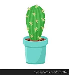 Cactus in flower pot isolated vector illustration. Indoor house plant hand drawn cartoon. Natural decoration for interior of apartment and office. Desert succulent. Cactus in flower pot isolated vector illustration
