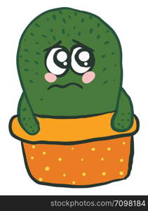 Cactus in orange pot is looking sad, illustration, vector on white background.