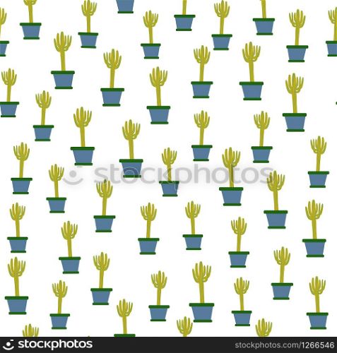 Cactus in pot seamless pattern in doodle style. Botanical exotic wallpaper. Trendy design for fabric, textile print, wrapping paper, kitchen textiles. Vector illustration. Cactus in pot seamless pattern in doodle style. Botanical exotic wallpaper.