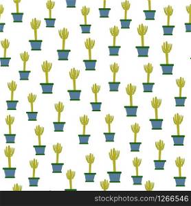 Cactus in pot seamless pattern in doodle style. Botanical exotic wallpaper. Trendy design for fabric, textile print, wrapping paper, kitchen textiles. Vector illustration. Cactus in pot seamless pattern in doodle style. Botanical exotic wallpaper.