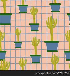 Cactus in pot seamless pattern in hand drawn style. Botanical background. Doodle exotic wallpaper. Trendy design for fabric, textile print, wrapping paper, kitchen textiles. Vector illustration. Cactus in pot seamless pattern in hand drawn style. Botanical background.