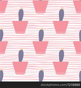 Cactus in pot seamless pattern on stripe background. Simple textile ornament. Design for fabric, textile print, wrapping paper. Botanical vector illustration.. Cactus in pot seamless pattern on stripe background. Simple textile ornament