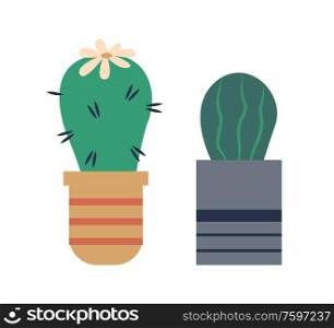 Cactus in pot vector, isolated icon of plant with thorns and flower on top. Nature decoration for home, botanical elements, pottery and house decor. Cactus Plant Growing in Pot, Cacti Flowering Set