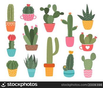 Cactus in pots. Succulent plant home decoration, cute cartoon garden cactus with blossom and thorns. Spiky floral greenery, botanical blooming decor elements. Houseplants vector isolated on white set. Cactus in pots. Succulent plant home decoration, cute cartoon garden cactus with blossom and thorns. Spiky floral greenery, botanical blooming decor elements. Houseplants vector isolated set