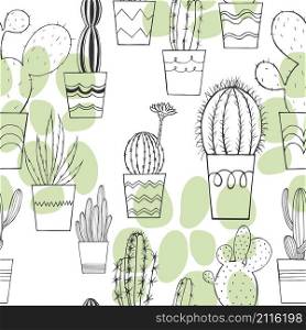 Cactus in pots. Vector seamless pattern
