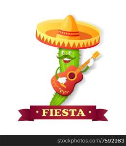 Cactus in sombrero with guitar and mustache, Spanish or Mexico fiesta vector. Mariachi with musical instrument, desert plant, holiday isolated icon. Fiesta Spanish or Mexico Holiday, Cactus Mariachi