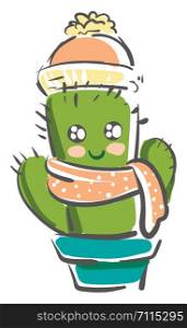 Cactus in warm winter clothes vector or color illustration