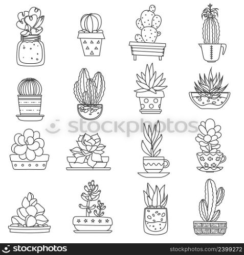 Cactus line black white icons set with different types of succulents flat isolated vector illustration . Cactus Line Icons Set
