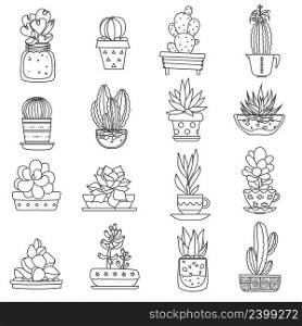 Cactus line black white icons set with different types of succulents flat isolated vector illustration . Cactus Line Icons Set