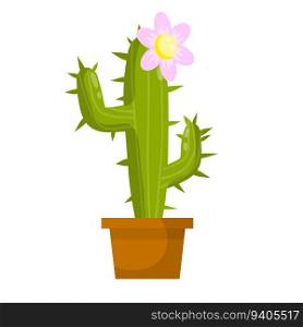Cactus. Mexican green plant with spines. Element of the desert and southern landscape. Flowering succulents in a brown pot. Houseplant. White flower. Flat cartoon. Cactus. Mexican green plant with spines.