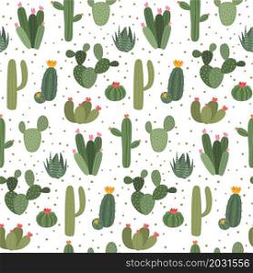 Cactus pattern. Cute seamless print with exotic plant with blossom and thorns on white background. Succulent house decoration, floral greenery, botanical blooming decor, vector cartoon illustration. Cactus pattern. Cute seamless print with exotic plant with blossom and thorns on white background. Succulent house decoration, floral greenery, botanical blooming vector decor