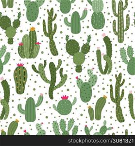 Cactus pattern. Seamless cactus houseplant pattern, succulent plants wrapping print, cute desert cactus doodle vector background illustration. Cacti with blooming flowers and green dots. Cactus pattern. Seamless cactus houseplant pattern, succulent plants wrapping print, cute desert cactus doodle vector background illustration
