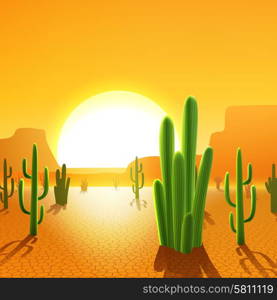 Cactus plants in mexican desert with rising sun on background vector illustration. Cactus Plants In Desert