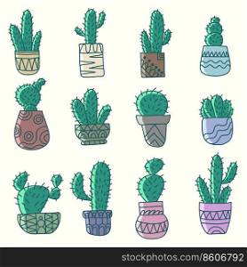 Cactus pot hand drawn elements collection vector illustration