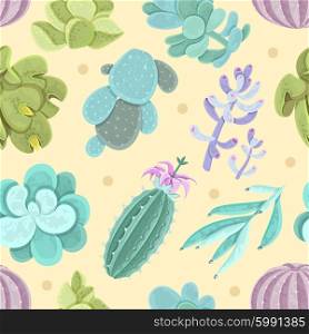 Cactus Seamless Pattern. Cactus and other succulents seamless pattern for decoration on yellow background flat vector illustration