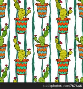 Cactus seamless pattern. Colorful cartoon flowers in pots. Vector background for wrapping, textile and package design. Cactus seamless pattern. Colorful cartoon flowers in pots. Vector background for wrapping, textile and package design.