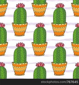 Cactus seamless pattern. Colorful cartoon flowers in pots. Vector print design.. Cactus seamless pattern. Colorful cartoon flowers in pots. Vector print design