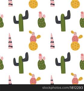Cactus seamless pattern in cute cartoon style. Bright succulent for surface design. Repeat background, wallpaper texture. Decorative print for fabric. Kid apparel design.. Cactus seamless pattern in cute cartoon style. Bright succulent for surface design.