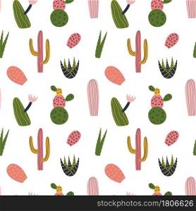 Cactus seamless pattern in cute cartoon style. Cacti and succulent in bright and funny colors. Repeat background, wallpaper texture. Decorative print for fabric. Kid apparel design.. Cactus seamless pattern in cute cartoon style. Cacti and succulent in bright and funny colors.