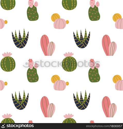 Cactus seamless pattern in cute cartoon style. Cacti with flowers, yellow, pink and green colors palette. Repeat background, wallpaper texture. Decorative print for fabric. Kid apparel design.. Cactus seamless pattern in cute cartoon style. Cacti with flowers, yellow, pink and green colors palette.