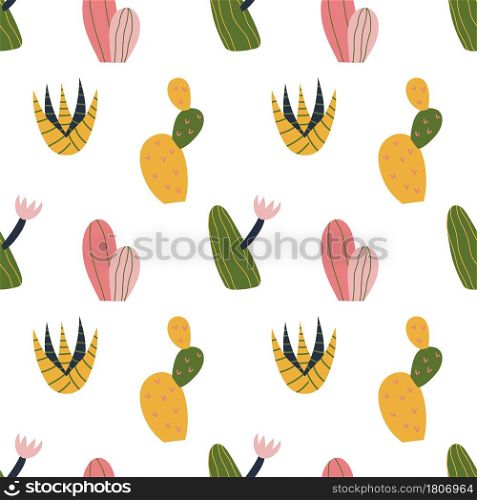 Cactus seamless pattern in cute cartoon style. Kawaii succulent in bright colors. Repeat background, wallpaper texture. Decorative print for fabric. Kid apparel design.. Cactus seamless pattern in cute cartoon style. Kawaii succulent in bright colors.