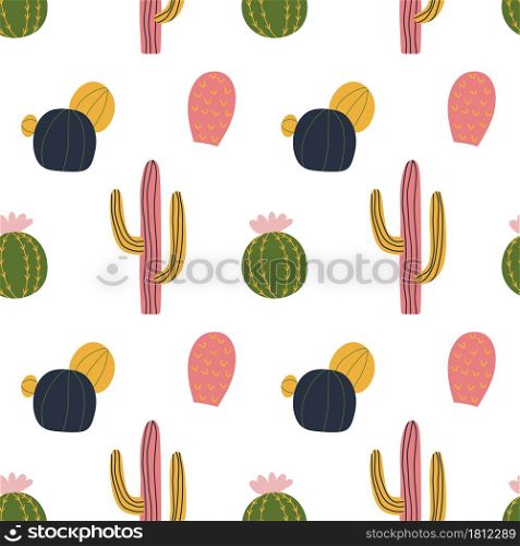 Cactus seamless pattern in cute cartoon style. Round and sticky cacti. Repeat background, wallpaper texture. Decorative print for fabric. Kid apparel design.. Cactus seamless pattern in cute cartoon style. Round and sticky cacti.