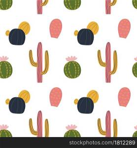 Cactus seamless pattern in cute cartoon style. Round and sticky cacti. Repeat background, wallpaper texture. Decorative print for fabric. Kid apparel design.. Cactus seamless pattern in cute cartoon style. Round and sticky cacti.