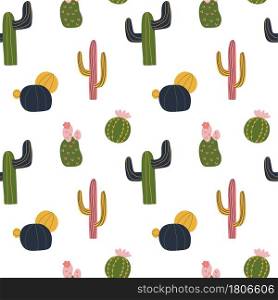 Cactus seamless pattern in cute cartoon style, yellow, green, pink and navy blue color. Repeat background, wallpaper texture. Decorative print for fabric. Kid apparel design.. Cactus seamless pattern in cute cartoon style, yellow, green, pink and navy blue color.