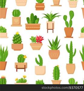 Cactus seamless pattern. Tropical plant, succulent and cute cacti with flower in pot. Trendy floral home plants decor vector wallpaper print. Illustration cactus pattern, cacti and flower. Cactus seamless pattern. Tropical plant, succulent and cute cacti with flower in pot. Trendy floral home plants decor vector wallpaper print