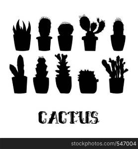Cactus silhouettes in Flower pots. Vector illustration.