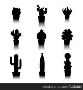 Cactus silhouettes on white background. Cactus in pots, home plants. Vector icons. Cactus silhouettes on white background