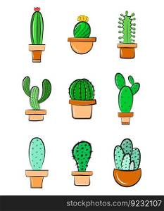 Cactus succulent in flowerpot vector icon set isolated cartoon illustration clipart