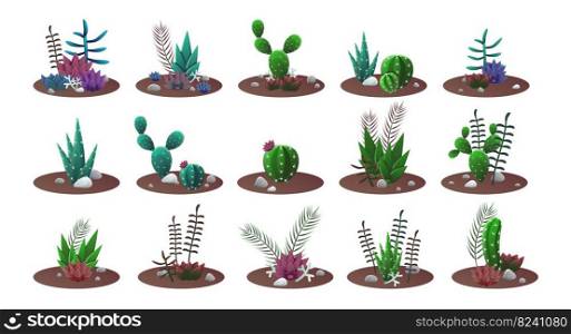 Cactuses growing in ground of pots set. Vector illustrations of tropical house plants for interior decor. Cartoon cacti collection for indoor home garden isolated on white. Terrarium, nature concept. Cactuses growing in ground of pots set