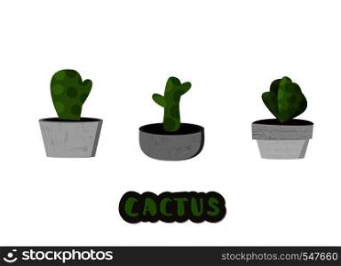 Cactuses with cement pots. Collection of succulents with handwritten lettering isolated on white background. Vector illustration.