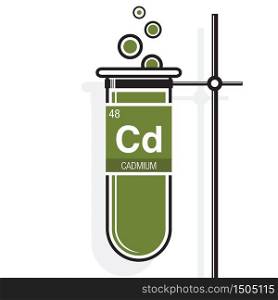 Cadmium symbol on label in a green test tube with holder. Element number 48 of the Periodic Table of the Elements - Chemistry