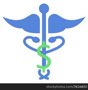 Caduceus medical symbol from wings, snakes and dollar sign, ambulance or hospital icon in blue color. Serpent and currency, drugstore logotype for print on t-shirt. Vector in flat cartoon style. Wind and Snakes Medical Symbol, Caduceus Vector