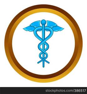 Caduceus medical symbol vector icon in golden circle, cartoon style isolated on white background. Caduceus medical symbol vector icon