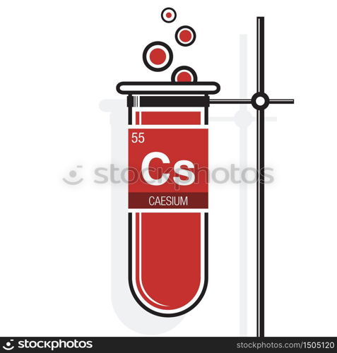 Caesium symbol on label in a red test tube with holder. Element number 55 of the Periodic Table of the Elements - Chemistry