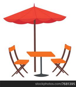 Cafe and garden furniture wooden table, chair, red umbrella isolated on a white background. Summer outdoor cafe. Bistro square table with opened bumbershoot. Coffeehouse or restaurant open area. Cafe and garden furniture wooden table, chair, umbrella isolated on a white background. Summer cafe
