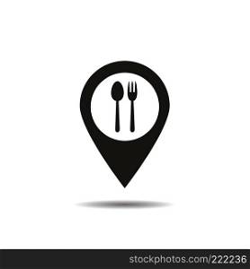Cafe and restaurants location icon. Drop shadow map pointer silhouette symbol. Fork and spoon eatery sign inside pinpoint. Vector isolated illustration. Cafe and restaurants location icon
