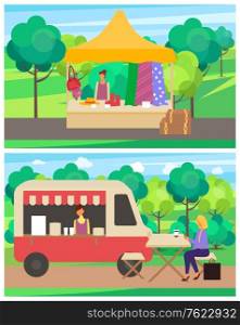 Cafe at street fair in spring vector, clothing seller with clothes dresses and jackets. Shoes and fabric for women person drinking coffee bought from truck in park. Market Clothes for Women Cafe Street Food Beverage