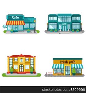 Cafe bar and restaurant buildings flat decorative icons set isolated vector illustration. Cafe Buildings Flat Set