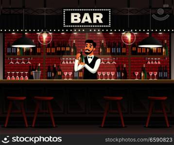 Cafe bar interior realistic composition with barman behind counter serving drinks against wine shelves background vector illustration . Bar Interior Realistic Composition 