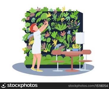 Cafe botanical decor 2D vector web banner, poster. Female florist flat character on cartoon background. Restaurant interior floral decoration, vertical garden printable patches, colorful web elements