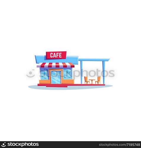 Cafe building exterior design, local bistro diner with chairs and table outdoors isolated. Vector small cafe building with tent, local restaurant facade. Cafe signboard on roof, street food store. Small cafe building with tent isolated restaurant