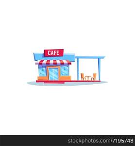 Cafe building exterior design, local bistro diner with chairs and table outdoors isolated. Vector small cafe building with tent, local restaurant facade. Cafe signboard on roof, street food store. Small cafe building with tent isolated restaurant